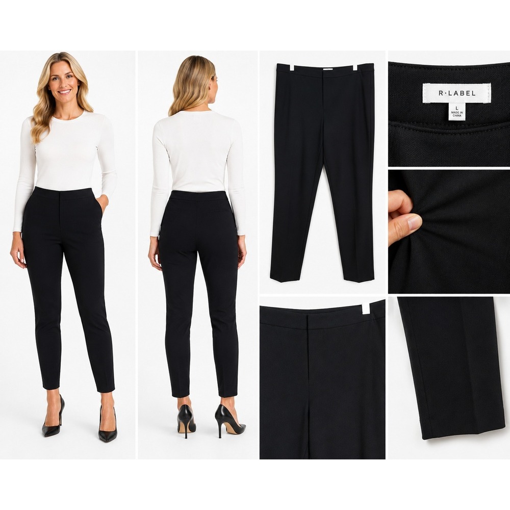 R Label Pants L Black Minimalist Stretch Pull On Tapered High Rise Minimalist
